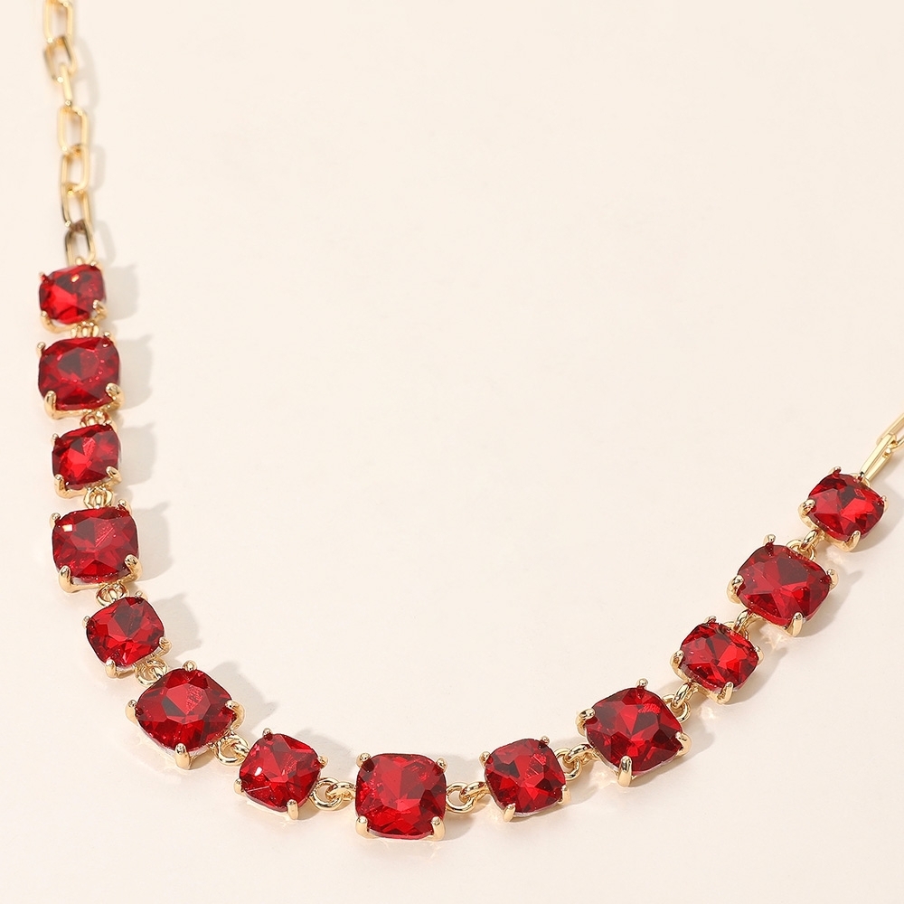 Red Square Stone Link Crystal Necklace Chain Evening
